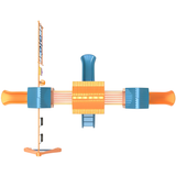 Toy crossbow with blue and orange design on a white background