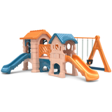 Children's playground set with slides and a swing on a white background