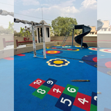 Blue EPDM playground flooring with colorful hopscotch numbers and activity designs