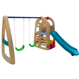 Children's playground set with swing, slide, and climbing structure on a white background