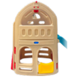 Children's toy slide with beige body, red accents, and a yellow step on a white background