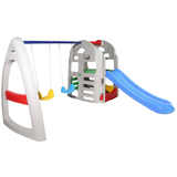 Children's playground set with swing, slide, and climbing structure on a white background