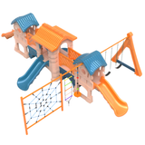 Children's playground set with slides, swings, and climbing structures on a white background