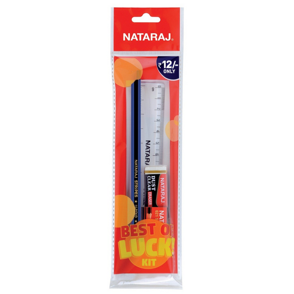 Best Of Luck Kit - 1 Pencil, 1 Eraser, 1 Sharpener, Scale (15 cm) Stationery Items for Kids, School Pack of Nataraj