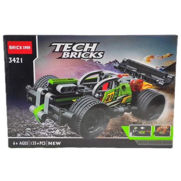 Green Black Shadow Bash Car Tech Bricks Block Kit 3421, 135+ Pieces, Pull Back Action Car, DIY 6+ Age Kids Game, Intelligent, Learning, Educational Toy