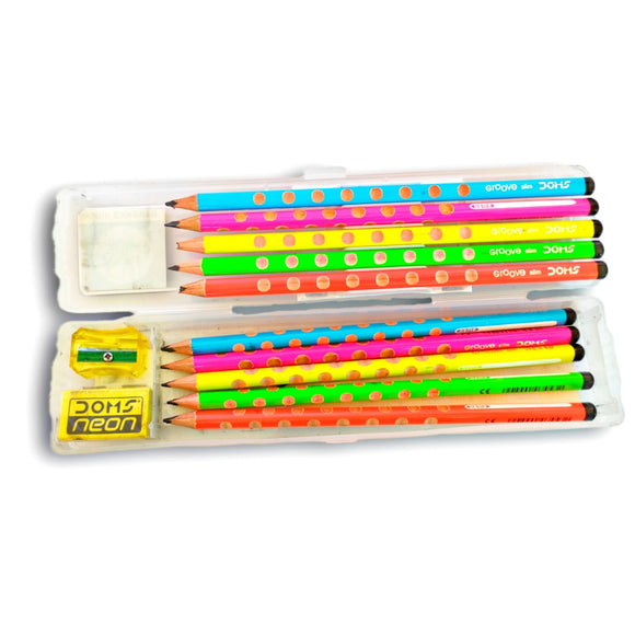 DOMS Neon Groove Triangle Pencils, Pack of 10 Pencils, Super Dark, 1 Set of Eraser and Sharpner, Grip Experts, Triangle Pencil Pack, Stationary Items for Kids
