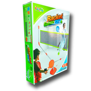 2 in 1 Racket Game Set includes 2 Racquet, 1 Shuttle, 1 Tennis Ball and a Net Set with Stand for Indoor Play