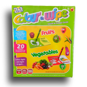 2 in 1 Colour & Wipe Cards - Board Game of Fruits and Vegetables, Big Pictures & Activities - Kids Toddler School Home Reusable Practice, Early Learning