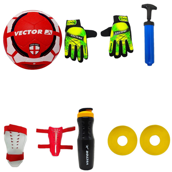 Vector X England Football Kit Combo Pack, Size - 5 England Moulded Football, ShinPads, Gloves, Sipper, Marker, Air Pump, 7+ Age Kids to 15 Age Sports Kit