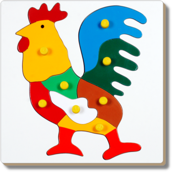 Cock Puzzle Little Genius, Solid Wooden Base, Learn Shapes, Color