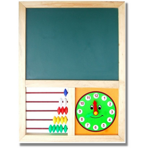 Green Chalk Board With Clock & Abacus - AB-36 Little Genius, Solid Wooden Base, Learn Counting, Writing Number, Color