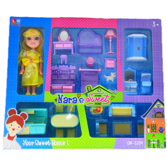 Nara's Home Sweet Home Set, 3+ Age, Doll Inside, 2 Cute Pets, Dressing Set, Kitchen Set, Dining Table, Drawing Room Set, Bathroom, Birthday Gift Girl