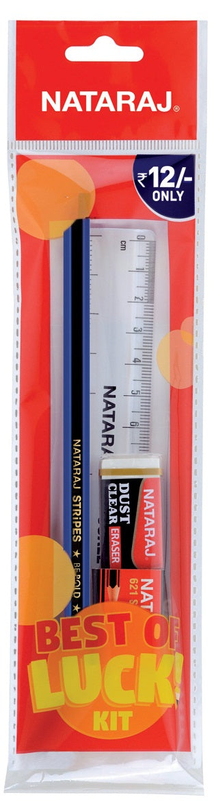 Best Of Luck Kit - 1 Pencil, 1 Eraser, 1 Sharpener, Scale (15 cm) Stationary Items for Kids, School Pack of Nataraj