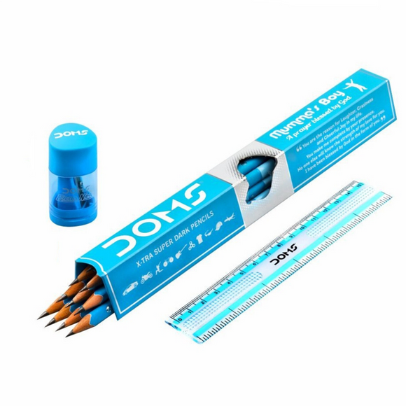 Doms Mumma's Boy Pencils, Pack of 10 Pencils, Super Dark, 1 Set of Eraser or Sharpner and a Scale 15 cm, Stationary Item