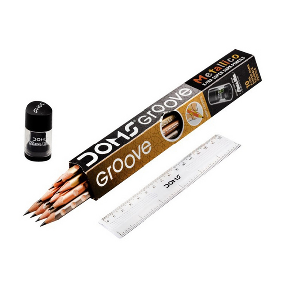 DOMS Groove Metallico Pencils, Pack of 10 Pencils, Super Dark, 1 Set of Eraser or Sharpner and a Scale 15 cm, Grip Experts, Triangle Pencil Pack, Stationary Item